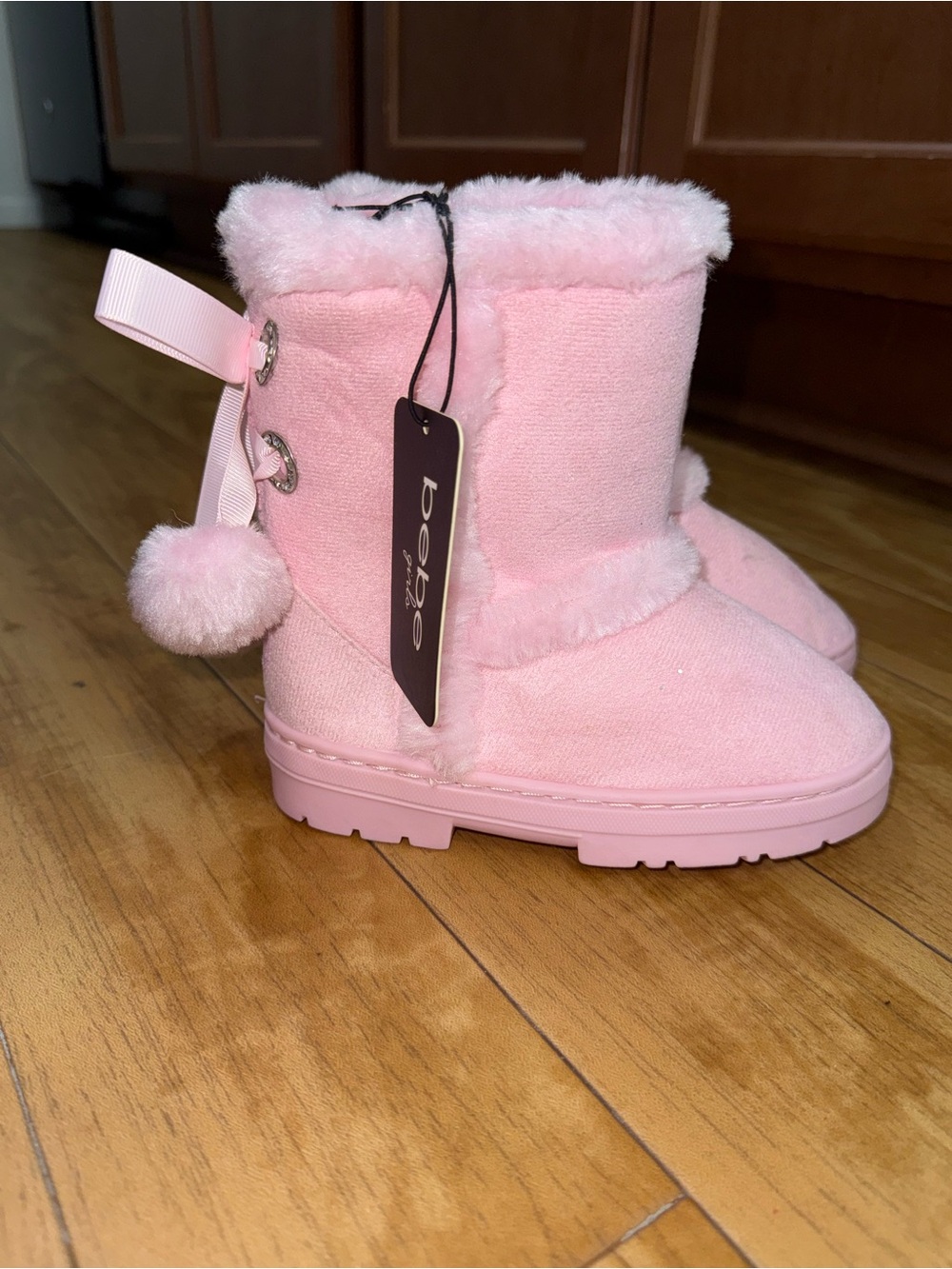 bebe Pink Fuzzy Pom Pom Boots